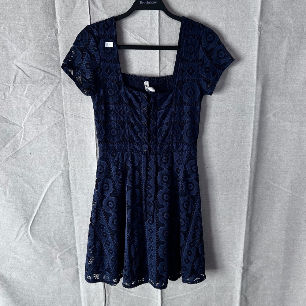 Aeropostale‎ Navy Blue Floral Lace Lace-Up Mini Dress Smocked Back Womens Medium